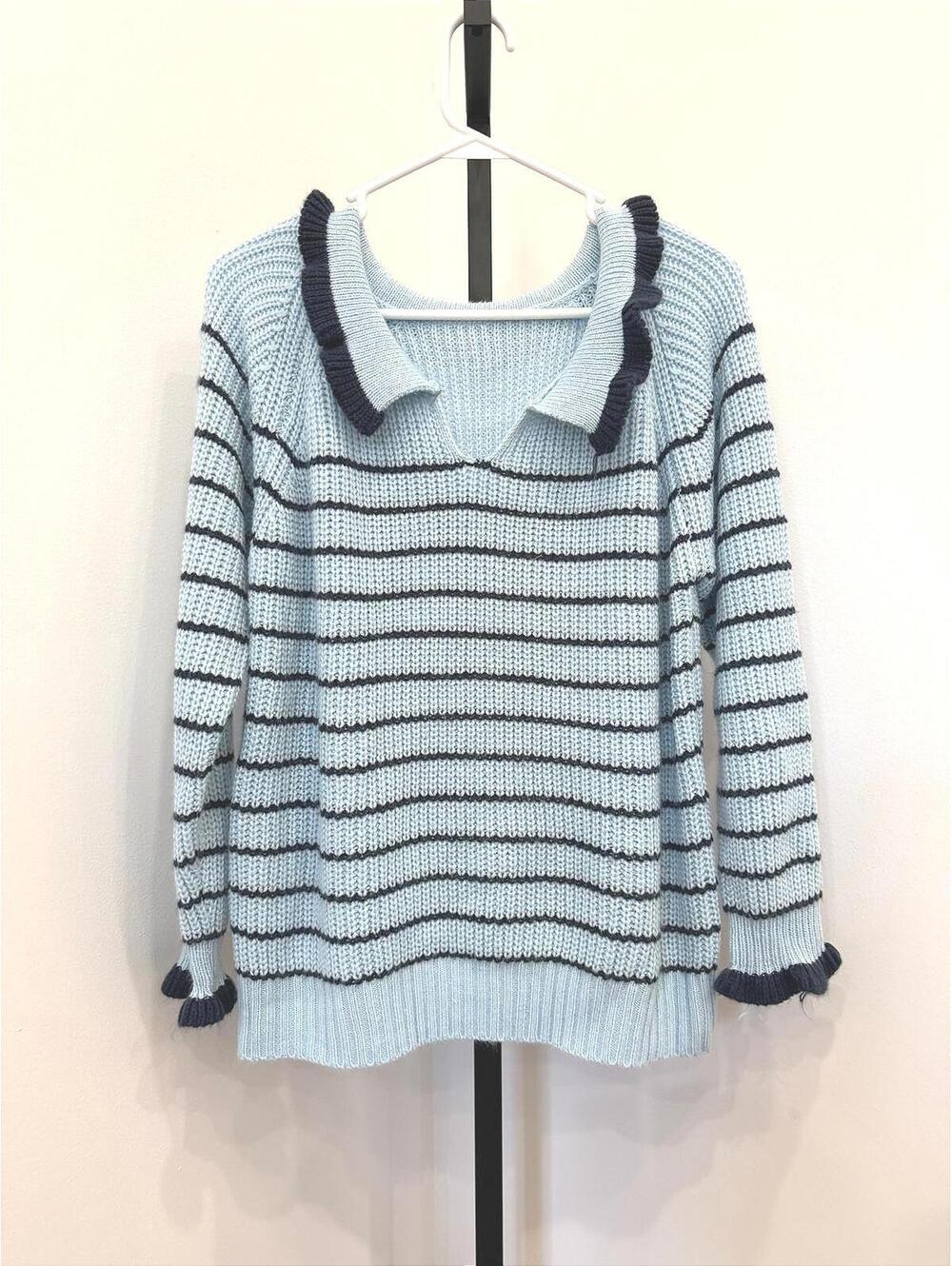 SHEIN 0xl Light Blue and Black Striped Knit Sweater with Ruffle Collar and Cuffs